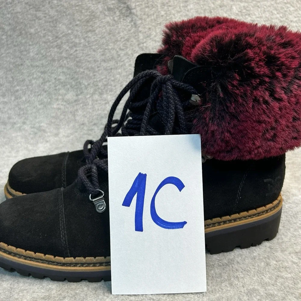 New Sam Edelman‎ Black Suede Boots Women's 9 Bowen Pink Wine Faux Fur Lug Sole